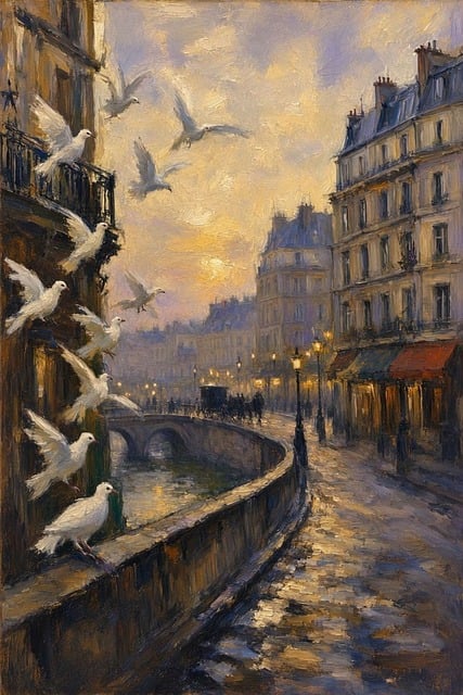 Pintura A Óleo, Pombas, Cidade, Europa
