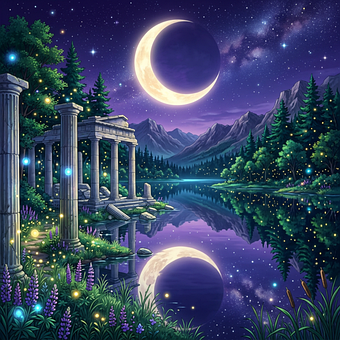 Templu, Natură, Lac, Stele, Luna, Munți