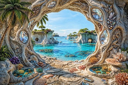 Arc, Ocean, Palmier, Coajă, Cristale
