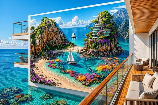 Pictură, Balcon, Ocean, Stâncă, Velier