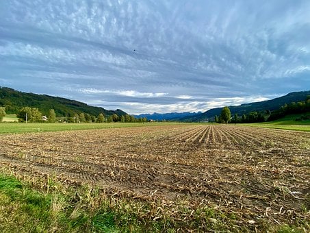 Feld, Berge, Wolken, Himmel, Erntefeld
