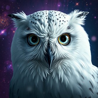 Eule, Weiße Federn, Weltraumhintergrund