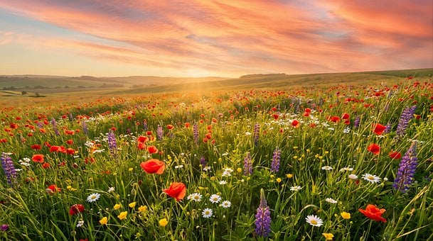 Wiesenblumen, Mohn, Sonnenuntergang