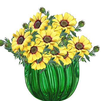 Solsikke, Gule Blomster, Vase, Grøn Vase