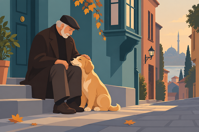 Free autumn golden retriever elderly man vector