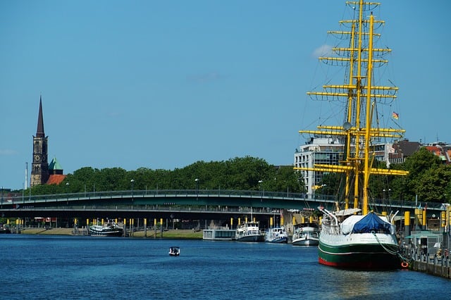 Bremen, Weser-Rivier, Zeilschip, Brug