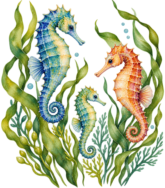 Søhest, Tang, Akvarel, Natur, Kunst