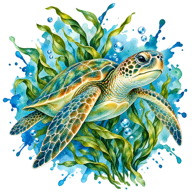 Free turtle seaweed watercolor illustration