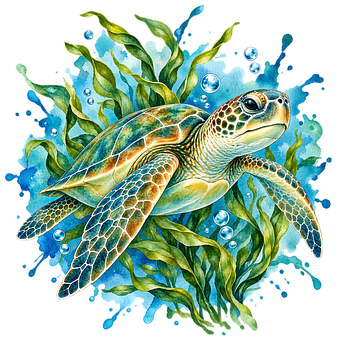 Skildpadde, Tang, Akvarel, Hav Liv
