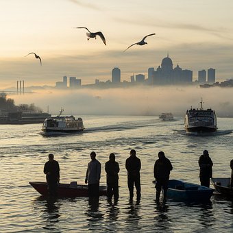 Cidade, Rio, Pescadores, Névoa, Manhã