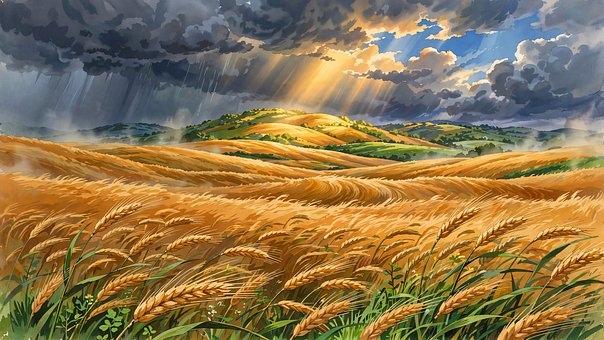 Hvete, Scene, Landskap, Regn, Skyer
