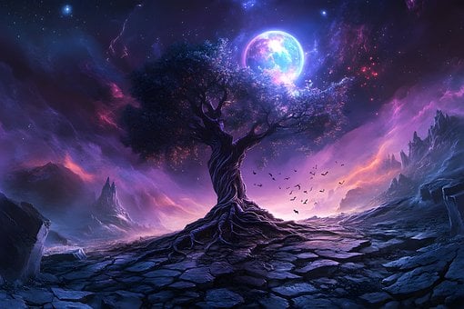 Фантазия, Дерево, Луна, Свечение