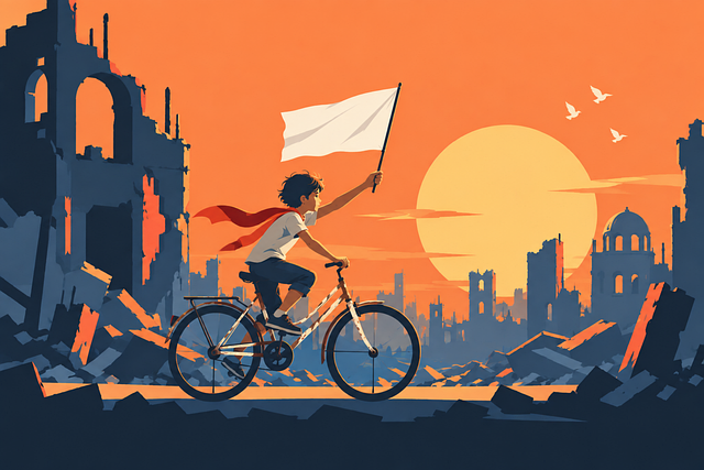 Free boy on bicycle war ruins destroyed city vector