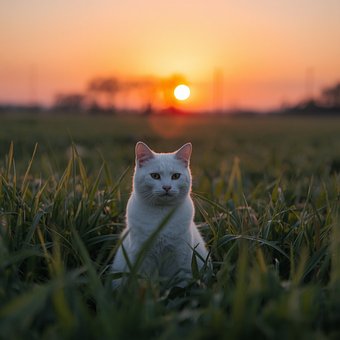 Kat, Zonsondergang, Weide, Natuur