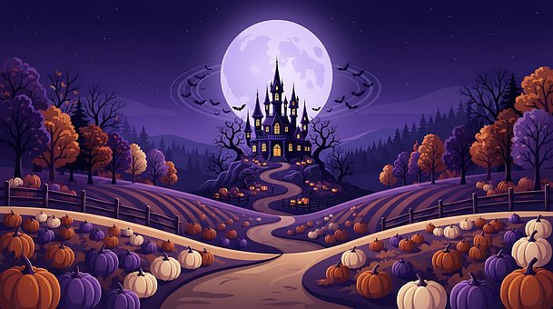 Halloween, Abóbora, Castelo, Lua, Noite