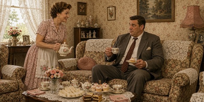 Retro, Theepot, Theekopje, Vrouw, Man