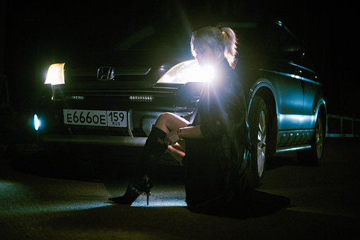 Auto, Žena, Noční, Světla