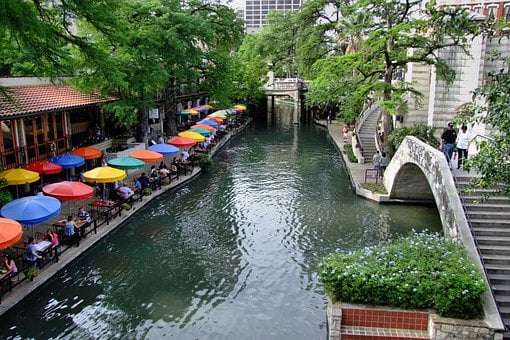 San Antonio, Rio, Árvores, Cidade, Texas