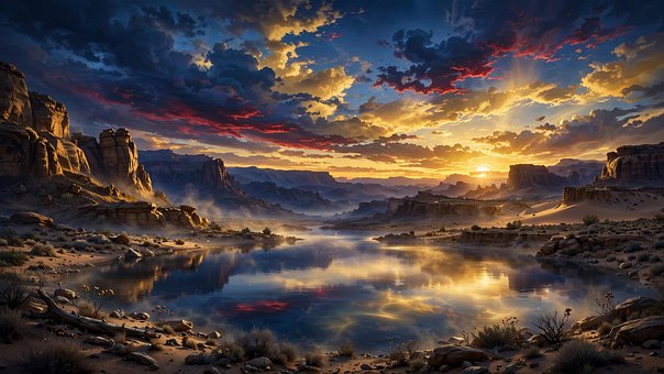 Wüste, See, Sonnenuntergang, Landschaft