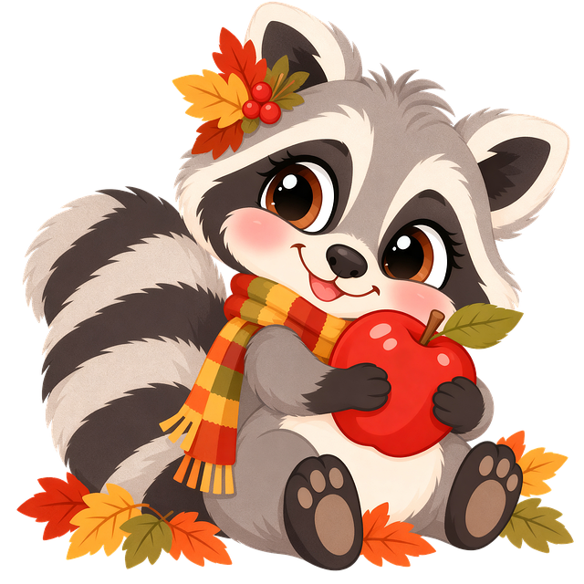 Free cute raccoon apple illustration