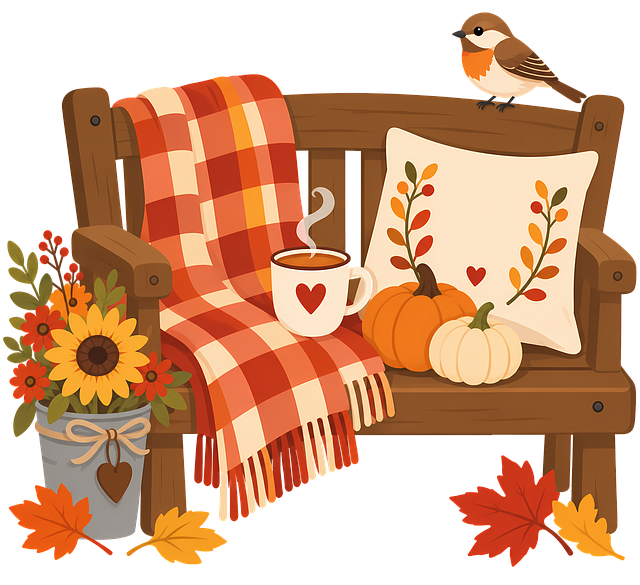 Free autumn bench plaid blanket autumn pillow illustration