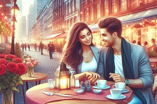 Romantisch, Paar, Café, Abend, Lichter