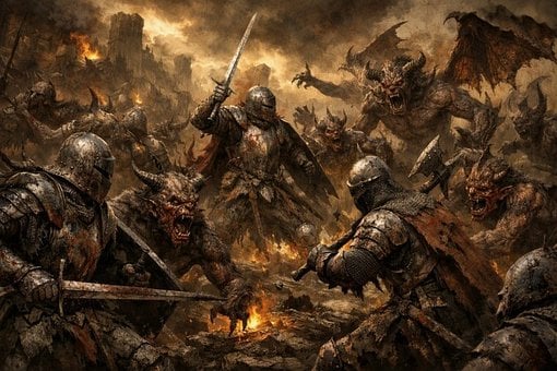 Medieval, Caballero, Demonio, Batalla