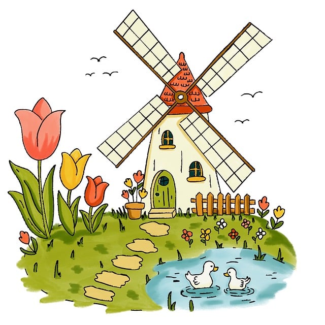 Free windmill tulips spring illustration
