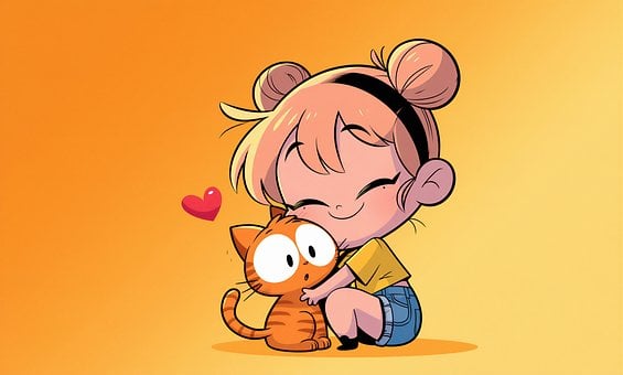 Meisje, Kat, Kunst, Illustratie