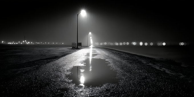 Noche, Lluvia, Charco, Carretera, Ciudad