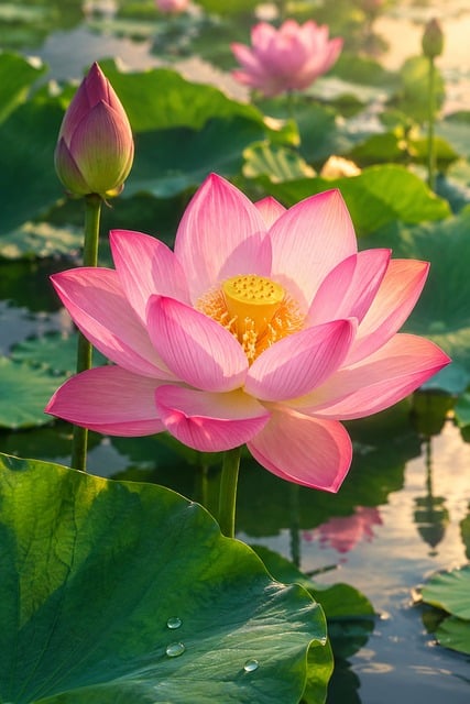 Lotus, Blomst, Dam, Lyserød, Blade