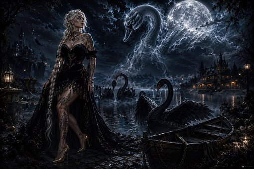 Espadachina, Cisne Negro, Luna, Fantasía