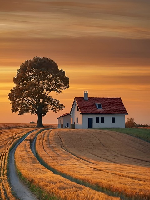 Landhus, Solnedgang, Rødt Tag, Skorsten