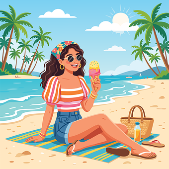 Kvinne, Iskrem, Strand, Sommer, Ferie