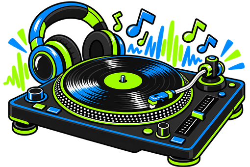 Dj 턴테이블, Dj 헤드폰, 비닐 레코드, 음악 장비, 네온 음악
