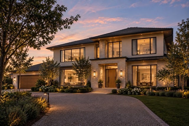 Free twilight luxury exterior contemporary house illustration