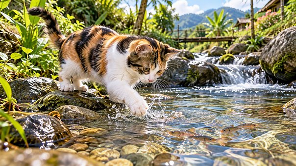 Katze, Haustier, Fluss, Fisch, Natur