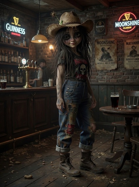 Frau, Hut, Jeans, Stiefel, Kneipe