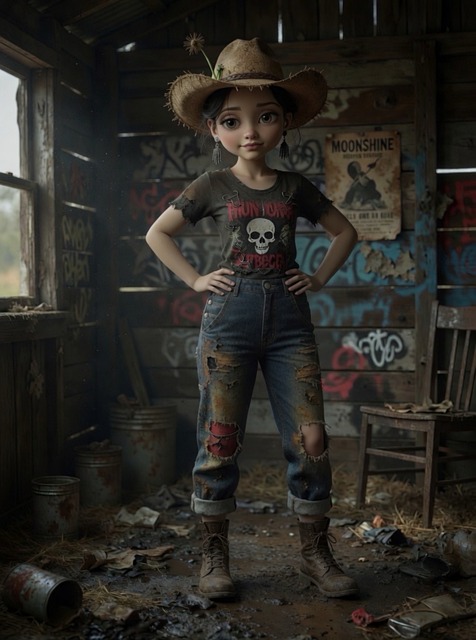 Mädchen, Scheune, Strohhut, Jeans