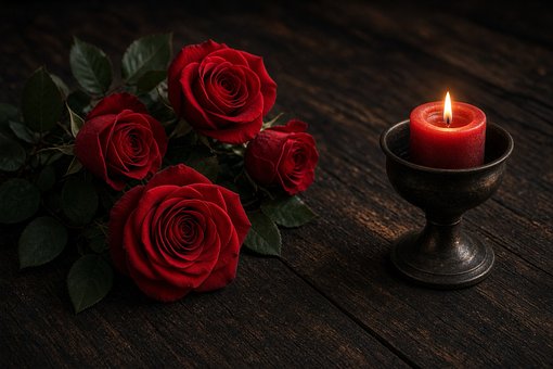 Rose, Kerze, Holztisch, Romantisch