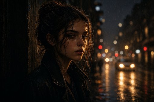 Frau, Nacht, Regen, Stadt, Porträt
