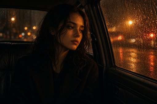 Frau, Regen, Nacht, Fenster, Abend