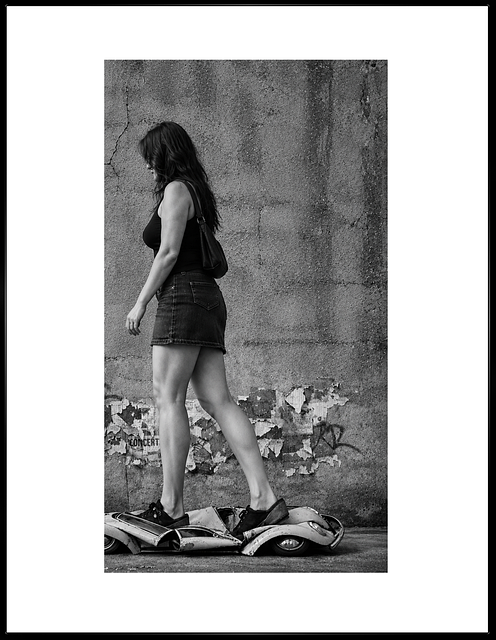 Kvinde, Skateboard, Sort-Hvid, Mur