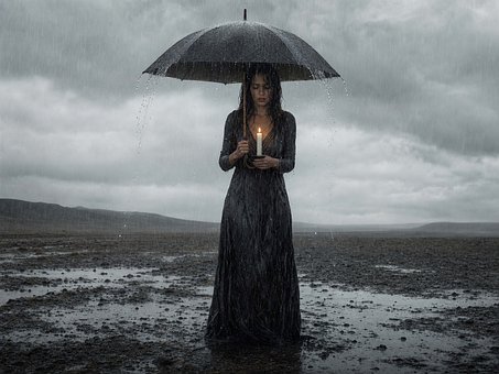 Mujer, Paraguas, Lluvia, Vela