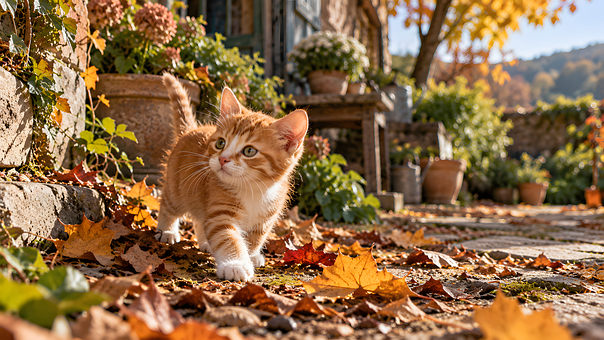Gatito, Otoño, Hojas, Mascota, Gato