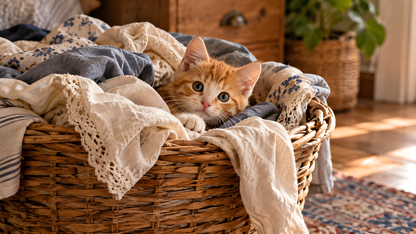Canasta, Ropa Sucia, Gato, Gatito, Lindo