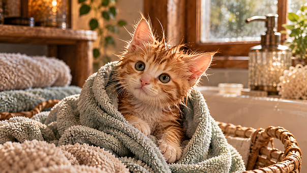 Gatito, Toalla, Atigrado Naranja, Baño