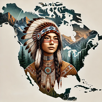 土著, 美国的, 印第安人, 文化, 羽毛, 地图, 女人, 肖像, 传统的