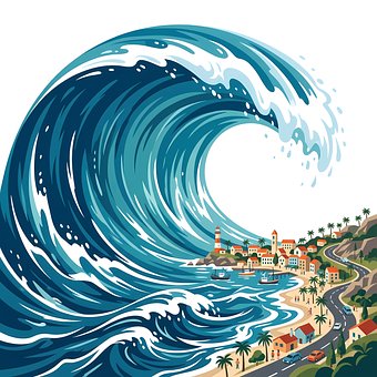 Vloedgolf, Tsunami, Stad, Strandhuis