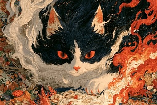 Kat, Bakeneko, Vlammen, Eng, Fel